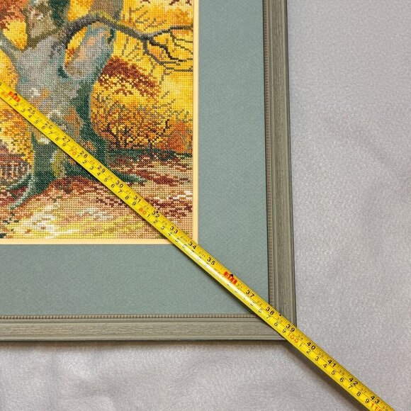 1997 Vintage Embroidered Picture Forest Lake Art With Wooden Frame 30" L x 25" H - Picture 14 of 16